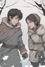 Placeholder: DnD style, two medieval peasant kids playing in the snow male and female, age 14 and 15, happy and playful