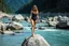 Placeholder: very beautiful lady swim suit standing over very high rock ready to dive in river close up in beautiful nature with river with clean deep water rocks ,a fall in river walking in water,mountains at distance