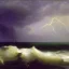 Placeholder: George Inness, painting, ocean, waves, lightning bolts, photo realistic, 8k, storm, blizzard, purple