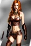 Placeholder: concept illustration, super-detailed, strikingly beautiful teen female, 16 years old, long ginger hair, medium freckles, full lips, full body, full face, b-cup breasts, athletic, centred camera, ignore NSFW, skimpy brown fantasy leather armor, halter top, micro thong, knee-high leather boots, stern expression,