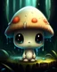 Placeholder: A melancholic creepy kawaii mushroom with a tiny, frowning mouth and big droopy eyes, sitting on a mossy log in a quiet and peaceful forest, lost in its own thoughtsto add personality