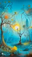 Placeholder: A garden of wired out of this world flowers and trees with light blue sky in Dali painting style surreal