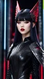 Placeholder: Create a hyper-realistic digital art piece featuring Babymetal posing in a futuristic gothic dress standing in Tokyo with her full body in frame. High attention to detail, including mascara-enhanced eyes and celebrity makeup with red lipstick. Render her hair and face with high detail, capturing the beauty. The image should have an ultra-focused and intense feel, utilizing an 8k resolution for crispness and clarity. DSLR camera, 50mm lens, neon lighting.