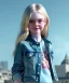 Placeholder: Elle fanning toddler, full body, city background, denim jacket, floral shirt, dramatic lighting