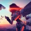 Placeholder: great illustrator, spanish, realistic rendering of a cute spanish girl kissing a cybergirl with wings. beautiful, simmetric, steampunk style. Helmet with tubes. Machinery in the background. Robotic bird flying. High details. 4k. unreal engine, sunset