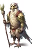 Placeholder: A large breasted aarakocra D&D 5e character. She is an owl and usign a staff.