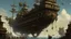 Placeholder: huge sea ship flying in the sky, medieval style sea ship, people watching from the ground, beautiful, in the style of Ian Mcque