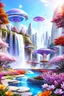 Placeholder: very beautiful, flowers, garden,cité futuriste ultra moderne, ufos colors, cascade colorée, dômes