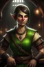 Placeholder: Dungeons and dragons She is an orc. She has green skin. She is kind. She is handsome. She has nice eyes. She has short hair. She is strong. She is in a tavern. She has broad shoulders. She has a large jaw. She wears casual peasant clothes. Realistic style