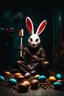 Placeholder: horror figure in rabbit mask sitting on the floor and shatters with a hammer many chocolate eggs, crepy, volumetric light, dark colors, surreal dark mood, cinematic