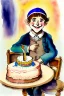 Placeholder: A cute smiling jewish boy wearing a kippah is sitting at a table, together with a lion and a birthday cake. Watercolour