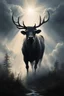 Placeholder: in dense foggy, a front view a dark shape powerful bull standing in the middle of a clouds in backlight, looking majestic landskape, by Jesper Knudsen, king of the sky, god of the sky, bull portrait, by Aleksander Kobzdej, beautiful painting of a tall, stag wearing a crown, reindeer made out of shadows, wildlife. atmospheric