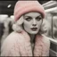 Placeholder: Jean harlow, in the metro in the style of a polaroid,, white, pink,orange, red, with a knitted hat