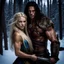 Placeholder: muscular male mountain man with long dark hair with a petit female long blonde hair and blue eyes, dark fantasy, snowy forest