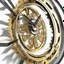 Placeholder: Create a 3d fractal base wall clock with see throgh golden gears rotating , showcasing a harmonious and synchronized movement. that show fast time passing in a beautiful abstact environment