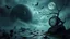 Placeholder: surreal dreamlike scene, nightmare on eart and in sky, midnight in the garden of death, some small black prickly balls on the earth and on sky, mystic gloomy, surreal dark shadows and pale light, stones, cracked eart, dark winter-like vibe, dark weird shapes floatings ,come strom , dark green moss, weird giant black musroom, bats on sky, branch on eart, ruins, rock, deep dark colors, dark twisting tendrils around big clock ,Clock with 12 o' clock, moon with black darkness, fog, detailed,