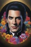 Placeholder: Count Dracula's face inside a small gold circle, Michael Jackson/Henry Cavill/Leonard Nimoy, multicolored, large, Floral/rainbow designs, atmospheric, beautiful, bright, vibrant colors, pitch-black background, oil painting by Boris Vallejo, 4k UHD, Photorealistic, professional quality