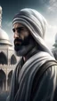 Placeholder: Full HD, 8K, Islamic, Majestic, Beautiful, Giant, Fantasy World, Clear View, Handsome Facial Features with a short black beard, with one hand facing forward angrily pushing away, Accurate Details, White Robe, Headdress, Palace Background