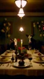 Placeholder: frame from a Wes Anderson film, full shot of the cows family at a delirious celebration dinner in the Garden of Earthly Delights, small electric light bulbs on the table, birds on the table, grapes hanging, elegant and perfect composition