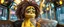 Placeholder: close up portrait of hairy fluffy polymer clay cute female happy worried banana monster with realistic human colored and textured skin, and long sleek limbs and with studio lights, on a luxury ornate neon buss, talking to his aunt