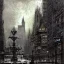 Placeholder: Square with fountain , Gotham city,Neogothic architecture, by Jeremy mann, point perspective,intricate detailed, strong lines, John atkinson Grimshaw,pipes, chimneys