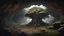 Placeholder: A grand tree inside a dark, expansive cave. The ground is littered with varying fungi and outlandish plants