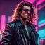 Placeholder: Zack Efron wearing sunglasses, very long hair and a leather jacket, a character portrait by Erwin Bowien, featured on flickr, neo-dada, synthwave, darksynth, retrowave