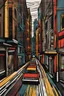 Placeholder: a lino cut drawing of a city street , colorful , heavy strokes , masterpiece , art station