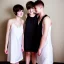 Placeholder: Russian short hair beautiful tomboy boyish boylike short man's haircut boyish features shortcut in black girlish nightgown in hotel wedding night