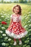 Placeholder: Adorable digital painting of a cute little girl in a gorgeous red and white dress smiling in a field surrounded by clover, high quality