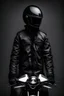 Placeholder: a men wear black jacket and full head motorbike mirror helmet in dark background