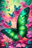 Placeholder: vibrant psychedelic oil painting image, airbrush, 64k, cartoon art image of background GREEN AND PINK BUTTERFLIES , futurism style