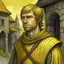 Placeholder: fantasy handdrawn, male in mid thirties, soldier, medieval, dark blonde hair short hair, 3 day beard, looks a bit worn out, yellow tabard, wooden palisades in background