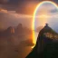 Placeholder: Christ the Redeemer, sunset, rainbow sunset, waterfall, palms, spring, sunset rainbow, flying birds, unreal engine 5, cinematic lighting, realistic, hyper detailed, 8k, octane render, cinema 4d