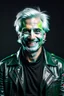 Placeholder: plauge doctor in balck leather coat and suit with silver hair, pale skin and bright green eyes smiling with sharp teeth, nice young face, male, viscious smile