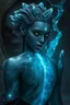 Placeholder: Please generate a female earth genasi cleric in the tempest domain for D&D. She should have dark-colored skin with glittering sparkles like gem dust. She should have lines marking her skin like cracks, showing glimmering gem-like veins and a faint glow. Her hair should appear carved of crystal. .in the back ground scary face in her back try to touch the girl