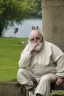 Placeholder: 1000-year-old old English man, wise face ,glasses, cynical look, yellow mustache, eyes expressing wisdom, white beard, wrinkled cheeks, precise details, pants with slacks, sitting on a bench in the garden, in the background of a lake with swans, outdoor shot, cinematic, UHD. 20K, 300 DPI