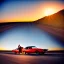 Placeholder: muscle car, just married couple driving, desert road, sunset, full colour,