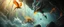 Placeholder: pin hole cam, fire smoke and fog and light rays, phoenix jellyfish octopus bird witch in icy waterfall looks beyond really powerful slapping a bird in the face with fire, fantasy illustration, in the style of Rembrandt