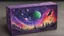 Placeholder: a box 10 cm long by 5 cm wide and 25 cm high, drawn on a box on all sides, space, tress, planets, crow galaxies a lot of colours purple, green and red, portal in the sun, realistic