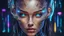 Placeholder: A strikingly stunning woman in the Cyberpunk era, her features rendered in high-resolution detail that can be seen in 4K quality. This portrait captures her cybernetic enhancements with intricate metallic filigree seamlessly integrated into her skin, glowing neon circuitry tracing delicate patterns along her face and arms. The digital painting is vibrant and futuristic, emphasizing the contrast between her fragile human form and advanced technological enhancements. The attention to detail and co