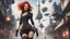Placeholder: A photorealistic image of a red-haired, slender, witchy woman, winking and smiling, in a one-piece steampunk outfit and stiletto boots, walking through a futuristic city with flying machines.