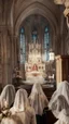 Placeholder: girl alone wearing lace veil with blood on it praying in church.cinematic.