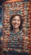 Placeholder: a happy blissed person woven into a knitted tapestry wall, bokeh like f/0.8, tilt-shift lens 8k, high detail, smooth render, down-light, unreal engine, prize winning