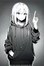 Placeholder: girl dressed in a loose sweatshirt and with one hand on heart, line arts, greyscale