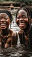 Placeholder: Two African women, laughing while swimming in muddy lake