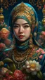 Placeholder: Beautiful face Indonesia hijaber Princess front view portrait, adorned with giant Jasmine, and lily flower ,roses , golden pearls , zafir gemstone headress, wearing floral, lace, pearls, zafirs ornate indonesia costume, organic bio spinal ribbed detail of Indonesia style full jasmin and rose and persian garden background by the moonlight extremely detailed hyperrealistic maximalist portrait art, 8k, UHD