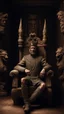 Placeholder: Create an image of king on his throne in an old house with a fireplace with strange statues in side a temple with dim light of fire torch on the wall in the background