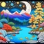 Placeholder: Colourful, peaceful, Max Ernst, Van Gogh, Hiroshige, night sky filled with stars, trees, rocks, waterfall, fish, one-line drawing, sharp focus, 8k, 3d, intricate, ornate