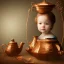 Placeholder: The reflection of a child on the surface of an old copper teapot